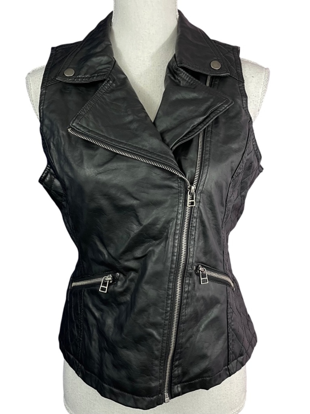 Faux Leather Moto Biker Vest L Asymmetrical Quilted Notched Collar Pockets Black